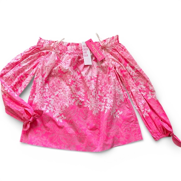 Lilly Pulitzer Jamielynn Pink Floral Off Shoulder Top 100% Cotton Sz M NWT - Picture 2 of 7